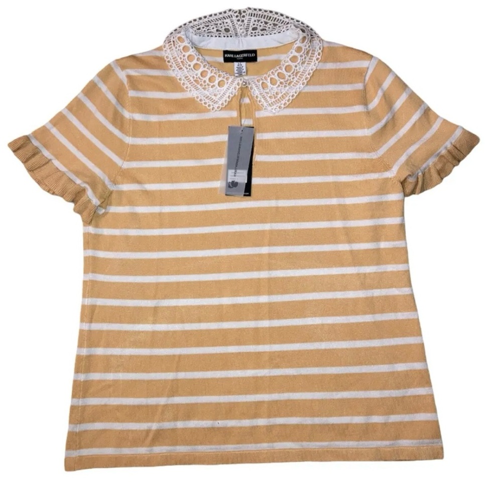 Karl Lagerfeld Paris Striped Lace Collared Top L